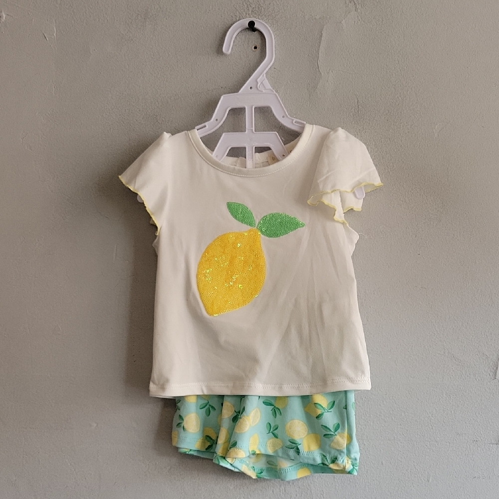 NWOT girl's toddler 12 months lemon sequin tee short & lemon print shorts set